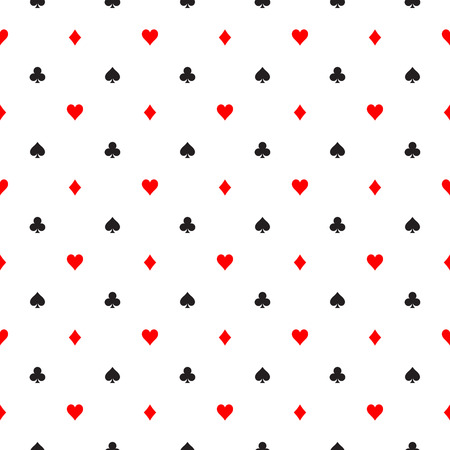ASeamless pattern background of poker suits - hearts, clubs, spades and diamonds - arranged in the rows on white background. Casino gambling theme vector illustration.のイラスト素材