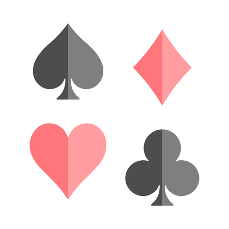 Poker card suits - hearts, clubs, spades and diamonds - on white background. Casino gambling theme vector illustration. Black and red shapes with simple glossy effect.のイラスト素材