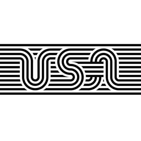 USA label. Striped design element. Symbol of United States of America. Simple flat vector illustration in black on white background.のイラスト素材