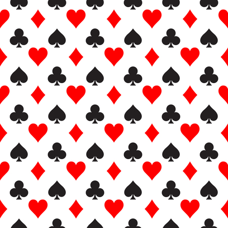 Seamless pattern background of poker suits - hearts, clubs, spades and diamonds - arranged in the rows on white background. Casino gambling theme vector illustration.のイラスト素材