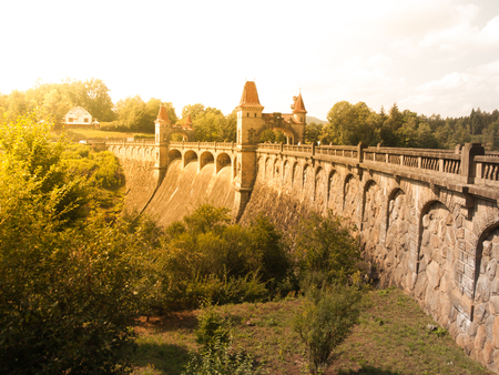 Fairytale dam Les Kralovstvi with picturesque towers on sunny summer day, Czech Republic.の写真素材