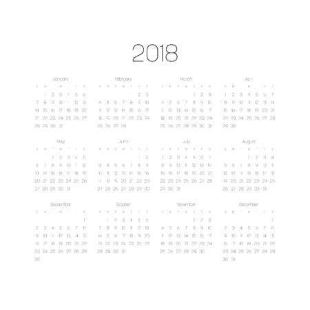 Vector calendar - Year 2018. Week starts from Sunday. Simple flat vector illustration with black numbers and letters on white background.のイラスト素材