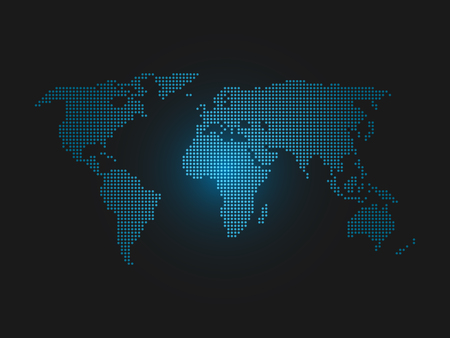 Dotted world map. Blue led light futuristic design on dark background. Vector illustration.のイラスト素材