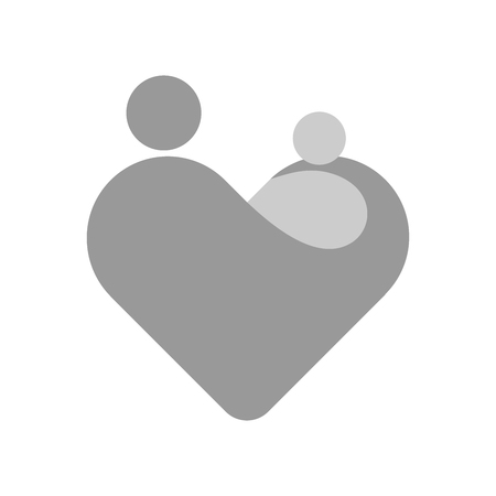 Mother with her child in her hands. Simplified symbol in a shape of heart. Motherhood or Mothers Day theme. Grey vector illustration.のイラスト素材