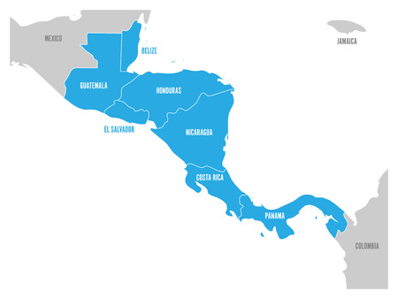 Map of Central America region with blue highlighted central american states. Country name labels. Simple flat vector illustration.のイラスト素材