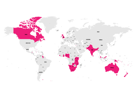 Member states of the British Commonwealth pink highlighted in the world map. Vector illustration.のイラスト素材