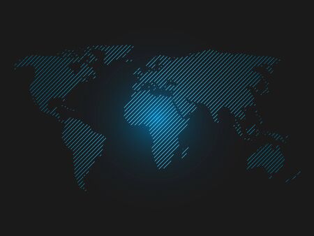 Striped world map. Blue led light futuristic design on dark background. Vector illustration.のイラスト素材