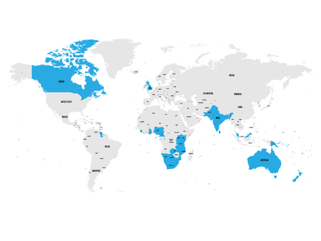 Member states of the British Commonwealth blue highlighted in the world map. Vector illustration.のイラスト素材