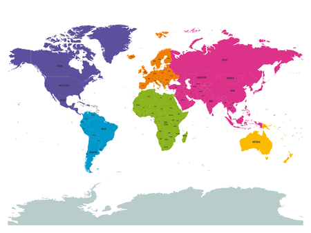 Political world colored by continents with country labels om white background. Simple flat vector illustration.のイラスト素材