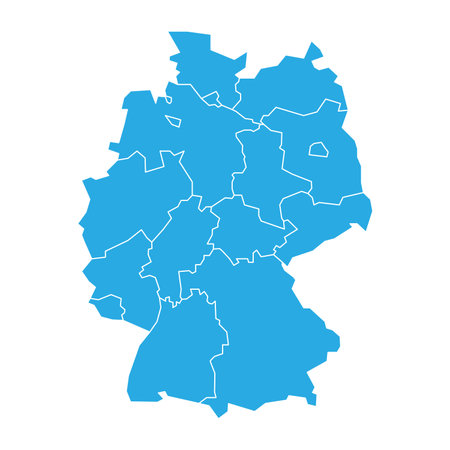 Map of Germany devided to 13 federal states and 3 city-states - Berlin, Bremen and Hamburg. Simple flat blank blue vector map silhouette.のイラスト素材