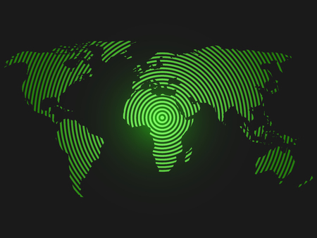 World map of concentric rings. Green led light futuristic design on dark background. Vector illustration.のイラスト素材