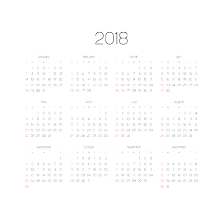 Vector calendar - Year 2018. Week starts from Sunday. Simple flat vector illustration with black numbers and letters on white background. Sundays highlighted by red.のイラスト素材