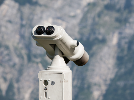 Touristic metal binoculars for mountain panorama observation. Detailed view.の写真素材
