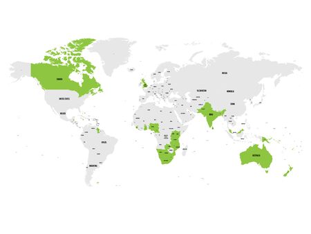 Member states of the British Commonwealth green highlighted in the world map. Vector illustration.のイラスト素材