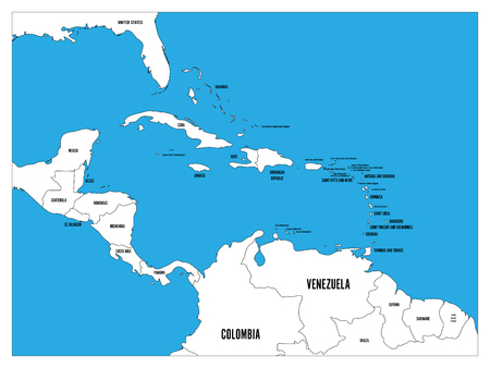 Central America and Carribean states political map. Black outline borders with black country names labels on blue background. Simple flat vector illustration.のイラスト素材