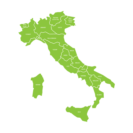 Map of Italy divided into 20 administrative regions. Green land, white borders and white labels. Simple flat vector illustration.のイラスト素材