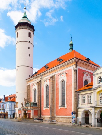 Peace Square with White Tower of Domazlice on sunny day, Czech Republic.の写真素材