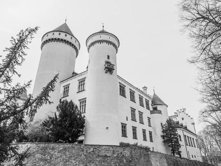 Konopiste Castle with beautiful garde. Historical meadieval chateau in central Bohemia, Czech Republic, Europe. Black and white image.の写真素材