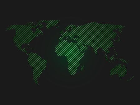Striped world map. Green led light futuristic design on dark background. Vector illustration.のイラスト素材