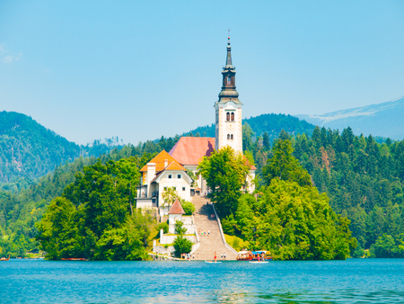 Baroque Church of the Assumption of Saint Mary on Bled Island, Lake Bled, Julian Alps, Slovenia, Europe.の写真素材