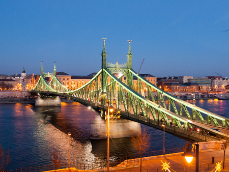Illuminated Liberty Bridge and River Danube at night. Budapest, Hungary.の写真素材