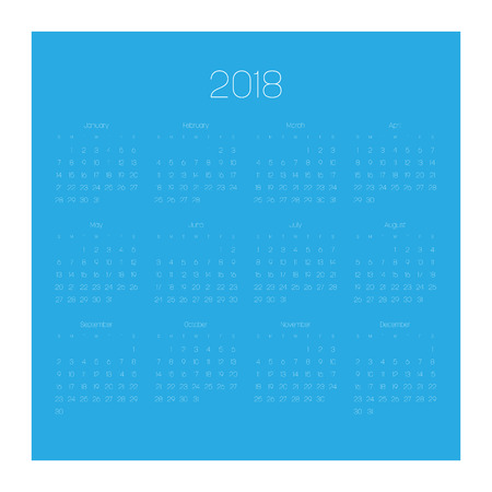 Vector calendar - Year 2018. Week starts from Sunday. Simple flat vector illustration with white numbers and letters on white blue background.のイラスト素材