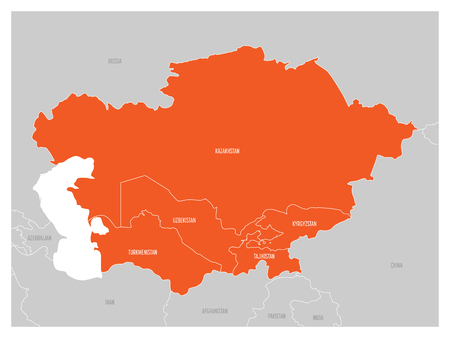 Map of Central Asia region with orange highlighted Kazakhstan, Kyrgyzstan, Tajikistan, Turkmenistan and Uzbekistan. Flat grey map with country white borders.の写真素材