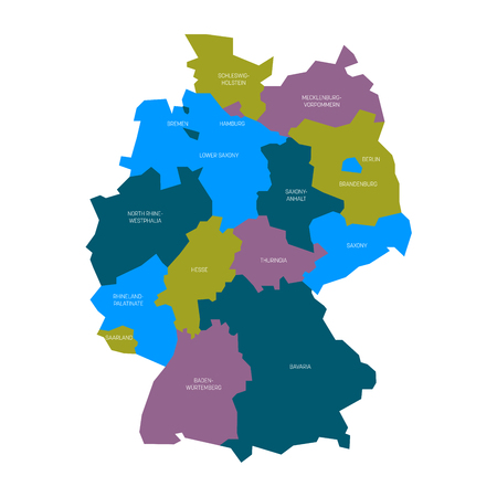 Map of Germany devided to 13 federal states and 3 city-states - Berlin, Bremen and Hamburg, Europe. Simple flat vector map in four colors with white labels.のイラスト素材