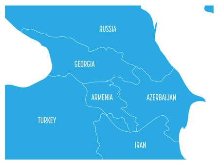 Map of Caucasian region with states of Georgia, Armenia, Azerbaijan, Russia Turkey and Iran. Flat blue map with white country borders and labels.の写真素材
