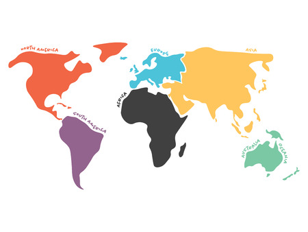 Multicolored world map divided to six continents in different colors - North America, South America, Africa, Europe, Asia and Australia Oceania. Simplified silhouette vector map with continent name labels curved by borders.の写真素材