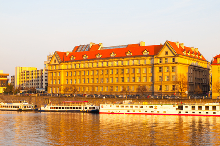 Hitorical building of Faculty of Law on Dvoraks Embankment at Vltava River. Part of Charles University in Prague, Czech Republic, Europe.の写真素材