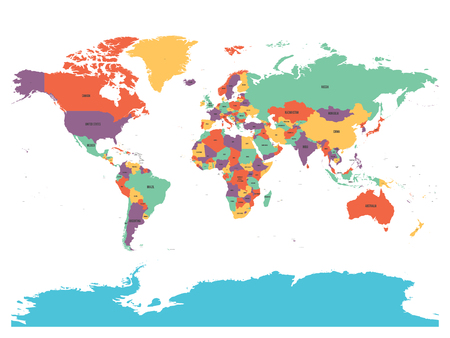 Political map of world with Antarctica. Countries in four different colors without borders on white background. Black labels of states and significant dependent territories names. High detail vector illustration.の写真素材