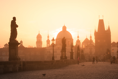 Charles Bridge at sunset time, Old Town of Prague, Czech Republic.の写真素材