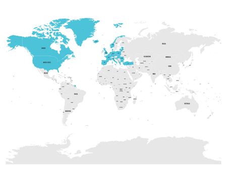 North Atlantic Treaty Organization, NATO, member countries highlighted by blue in world political map. 29 member states since June 2017.の写真素材