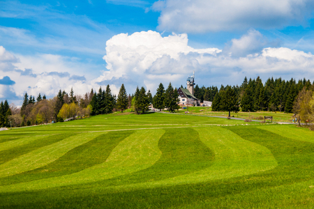 Freshly mowed meadow in Jizera Mountains near Kralovka hut and lookout tower, Czech Republic.の写真素材
