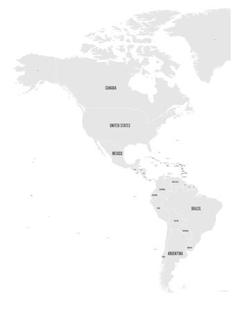 Political map of Americas in grey on white background. North and South America with country labels. Simple flat vector illustration.のイラスト素材