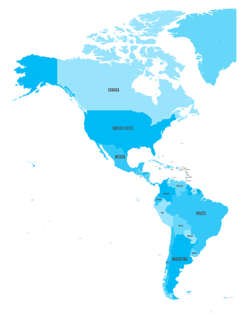 Political map of Americas in four shades of blue on white background. North and South America with country labels. Simple flat vector illustration.のイラスト素材