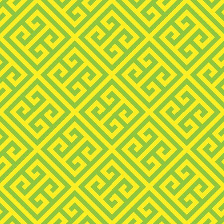 Greek key seamless pattern background in green and yellow. Vintage and retro abstract ornamental design. Simple flat vector illustration.のイラスト素材