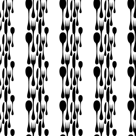 Cutlery seamless vector pattern. Silverware hand implements - spoon, knife and fork black silhouettes on white background. Restaurant and meal theme wallpaper design.のイラスト素材