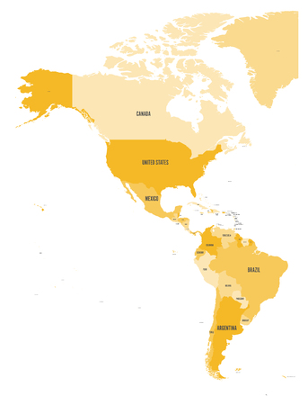 Political map of Americas in four shades of orange on white background. North and South America with country labels. Simple flat vector illustration.のイラスト素材