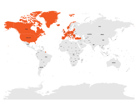 North Atlantic Treaty Organization, NATO, member countries highlighted by orange in world political map. 29 member states since June 2017.のイラスト素材