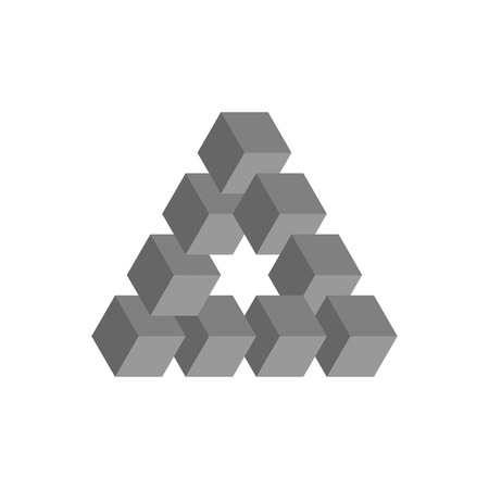 Impossible triangle in grey. 3D cubes arranged as geometric optical illusion. Reutersvard traingle. Vector illustration.のイラスト素材