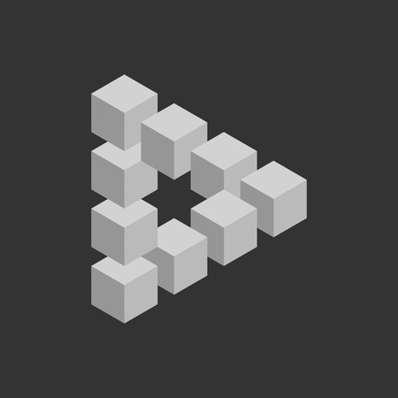 Impossible triangle in grey. 3D cubes arranged as geometric optical illusion. Reutersvard traingle. Vector illustration.のイラスト素材