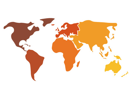 Multicolored world map divided to six continents in different colors - North America, South America, Africa, Europe, Asia and Australia Oceania. Simplified silhouette blank vector map without labels.の写真素材