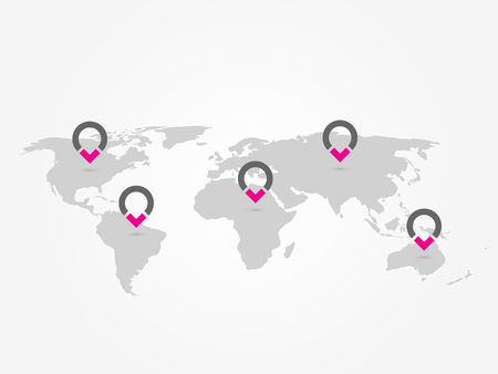 Map of World with navigation pointers. Grey map infographics with ring pins. Vector illustration.のイラスト素材