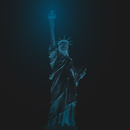 Statue of Liberty, New York, USA. Halftone illustration dots. Blue led light futuristic design on dark background.のイラスト素材