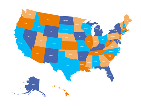 Political map of USA, United States of America. Colorful with white state names labels on white background. Vector illustration.のイラスト素材