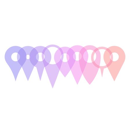 Set of various map pointers arranged in a row, patly transparent and overlapping.のイラスト素材