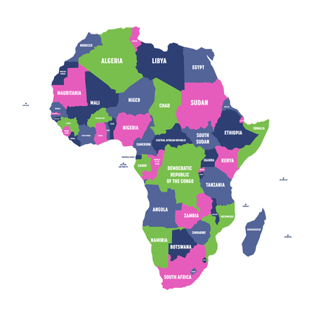 Multicolored political map of Africa continent with national borders and country name labels on white background. Vector illustration.のイラスト素材