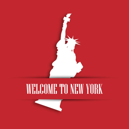 Statue of Liberty white paper cutting in red greeting card pocket with label Welcome to New York. United States symbol and Independence day theme. Vector illustration.のイラスト素材